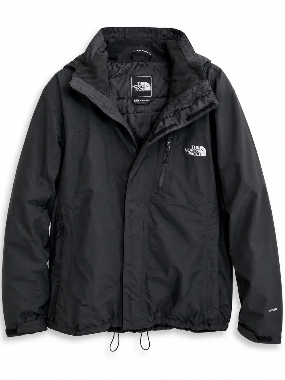 The North Face HyVent Jacket Mens Large Black Hooded Waterproof Rain Shell Coat